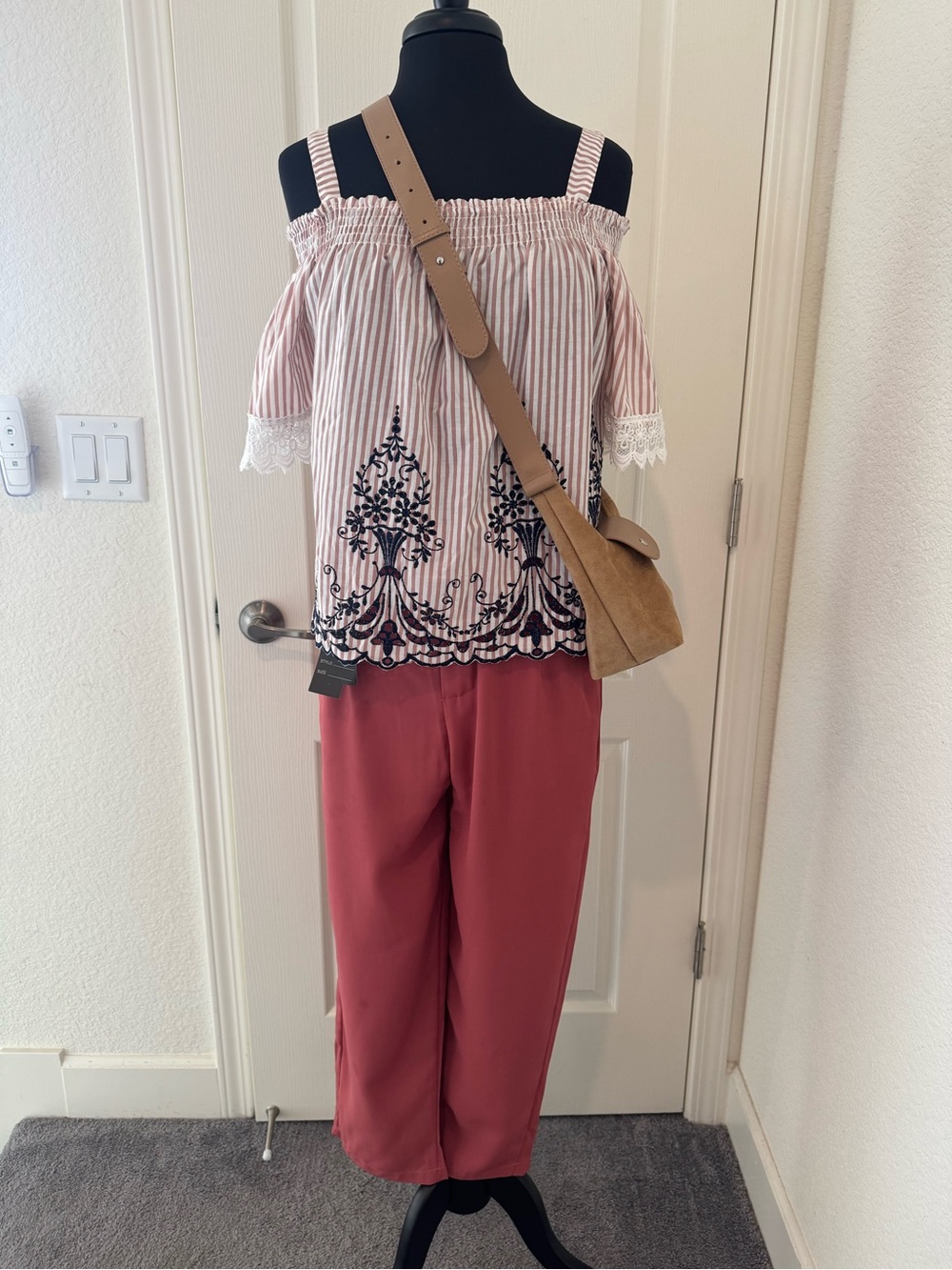 Pink stripe Top, Dusty Rose Straight leg w/ belt and Crossbody hand suede bag